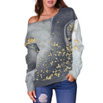 Grey Gold Liquid Marble Print Off Shoulder Sweatshirt GearFrost