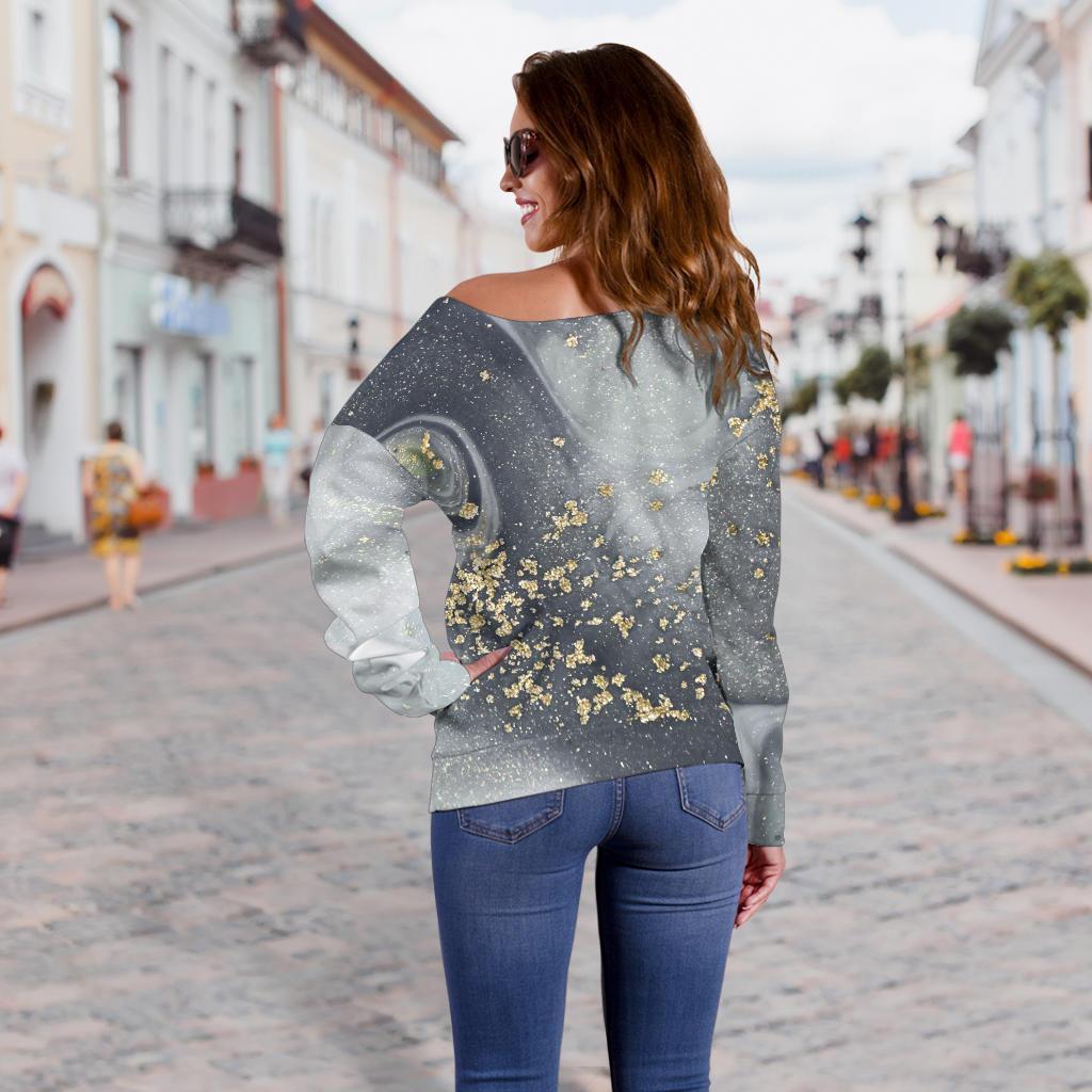 Grey Gold Liquid Marble Print Off Shoulder Sweatshirt GearFrost