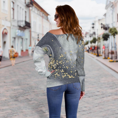 Grey Gold Liquid Marble Print Off Shoulder Sweatshirt GearFrost