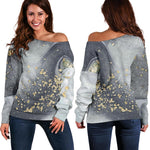 Grey Gold Liquid Marble Print Off Shoulder Sweatshirt GearFrost