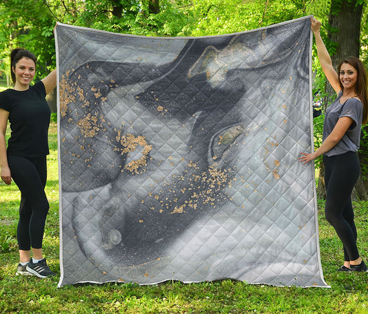 Grey Gold Liquid Marble Print Quilt