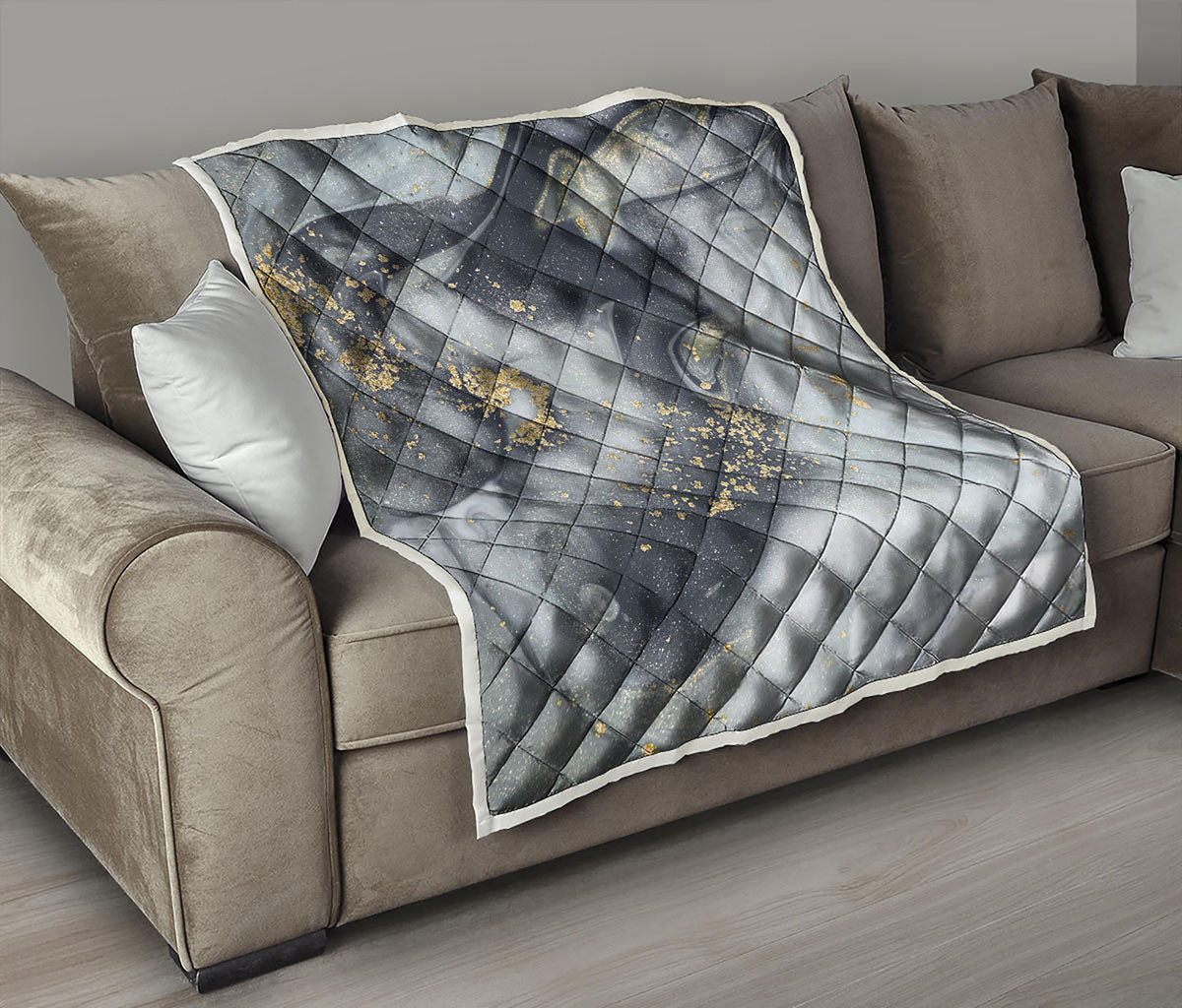 Grey Gold Liquid Marble Print Quilt