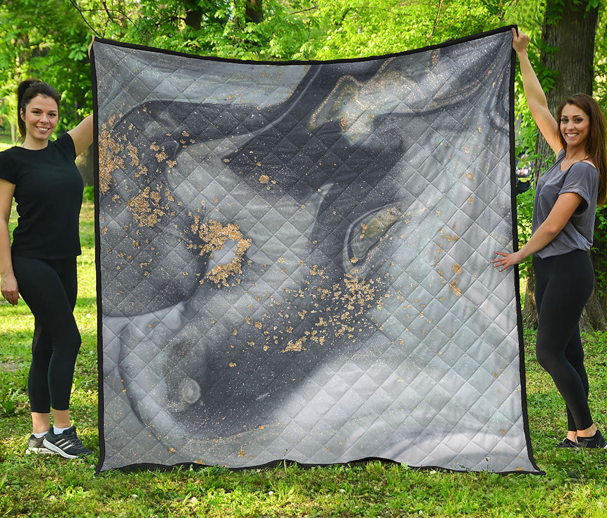 Grey Gold Liquid Marble Print Quilt