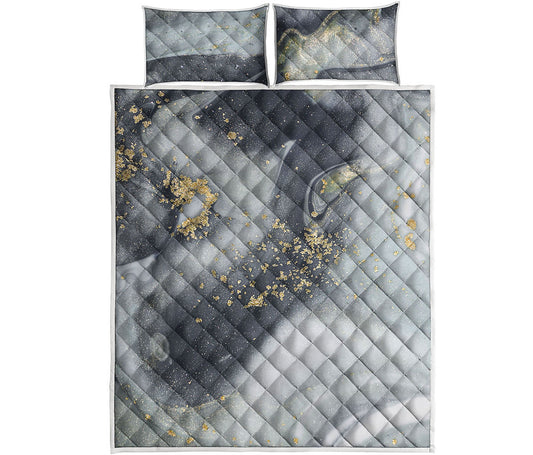 Grey Gold Liquid Marble Print Quilt Bed Set