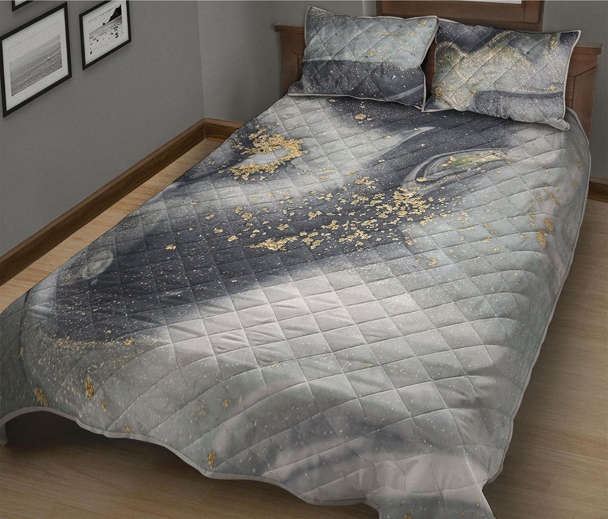 Grey Gold Liquid Marble Print Quilt Bed Set