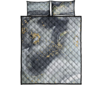 Grey Gold Liquid Marble Print Quilt Bed Set