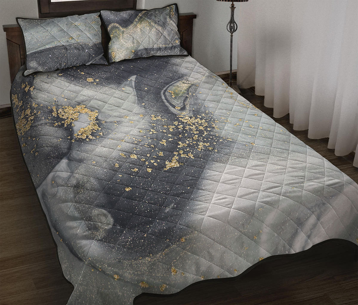 Grey Gold Liquid Marble Print Quilt Bed Set