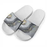 Grey Gold Liquid Marble Print White Slide Sandals