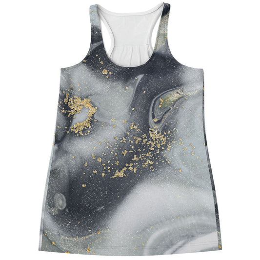 Grey Gold Liquid Marble Print Women's Racerback Tank Top