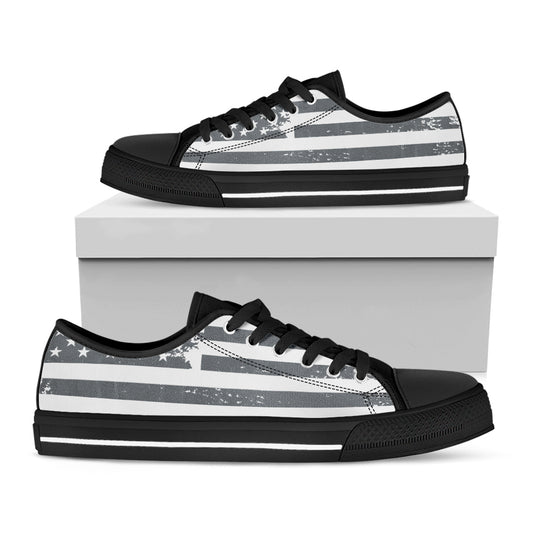 Grey Grunge American Flag Print Black Low Top Shoes 