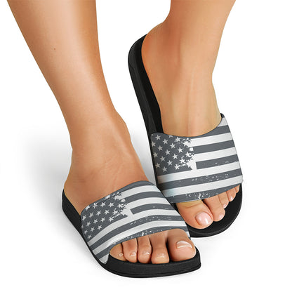 Grey Grunge American Flag Print Black Slide Sandals