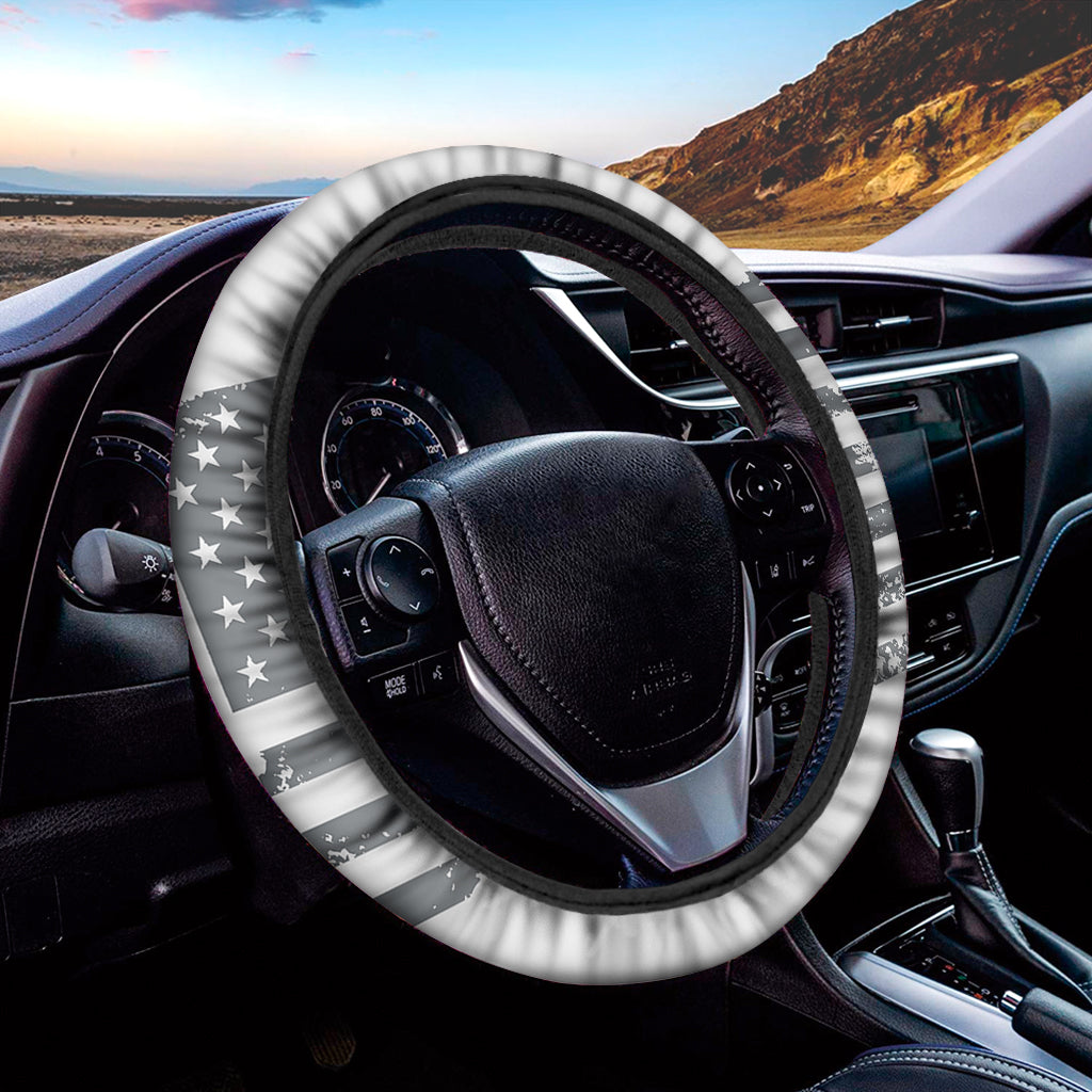 Grey Grunge American Flag Print Car Steering Wheel Cover