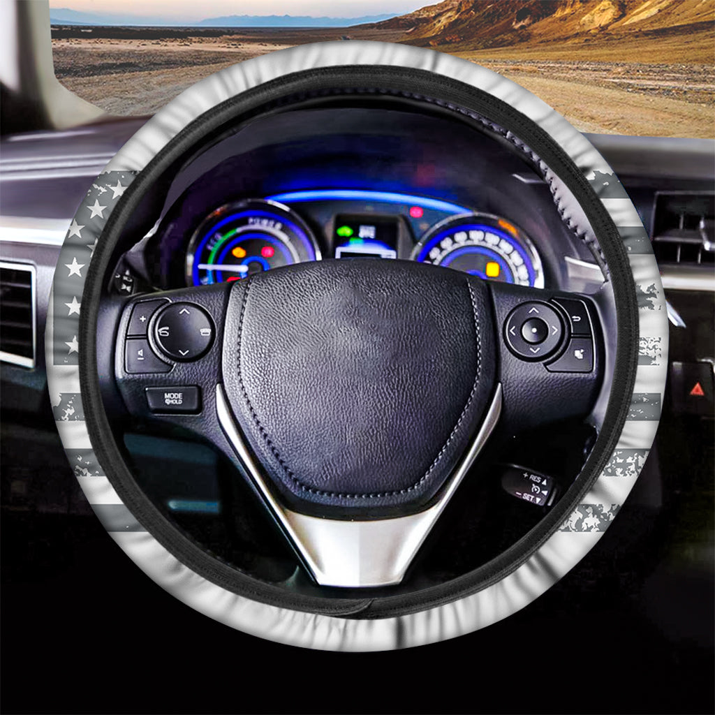 Grey Grunge American Flag Print Car Steering Wheel Cover
