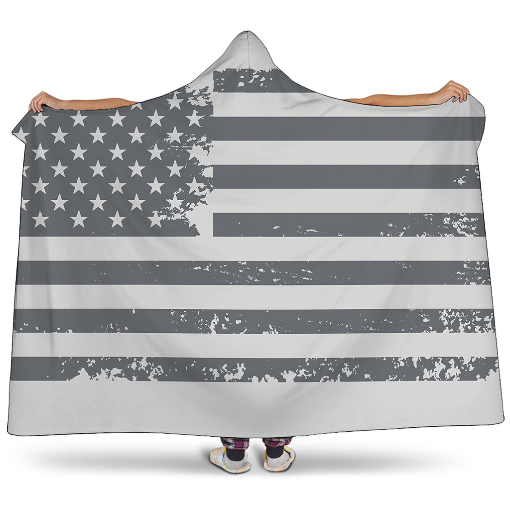 Grey Grunge American Flag Print Hooded Blanket
