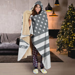 Grey Grunge American Flag Print Hooded Blanket