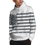 Grey Grunge American Flag Print Pullover Hoodie