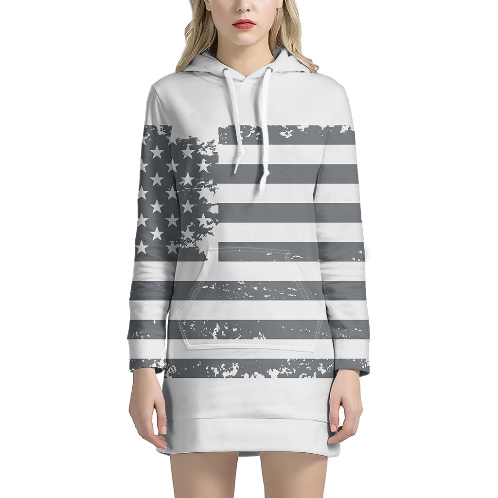 Grey Grunge American Flag Print Pullover Hoodie Dress