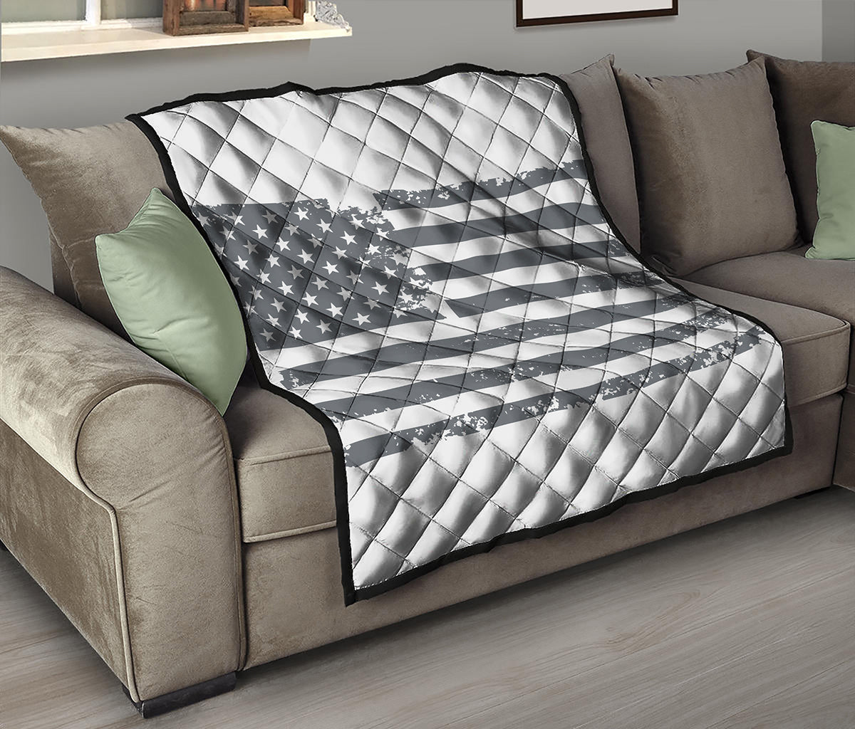 Grey Grunge American Flag Print Quilt