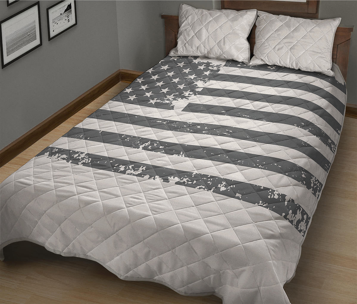 Grey Grunge American Flag Print Quilt Bed Set