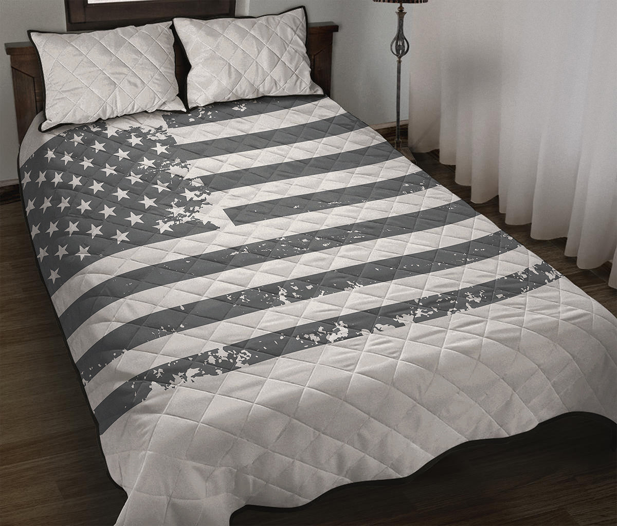 Grey Grunge American Flag Print Quilt Bed Set