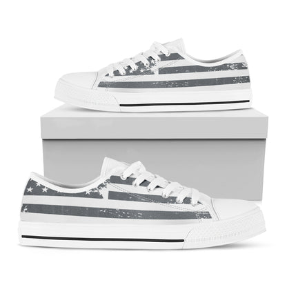 Grey Grunge American Flag Print White Low Top Shoes
