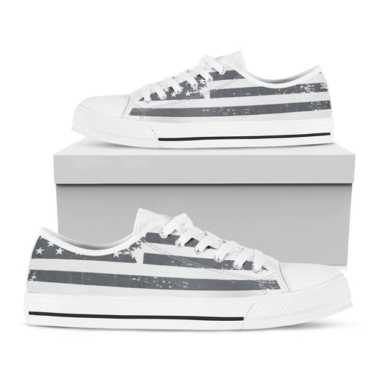 Grey Grunge American Flag Print White Low Top Shoes