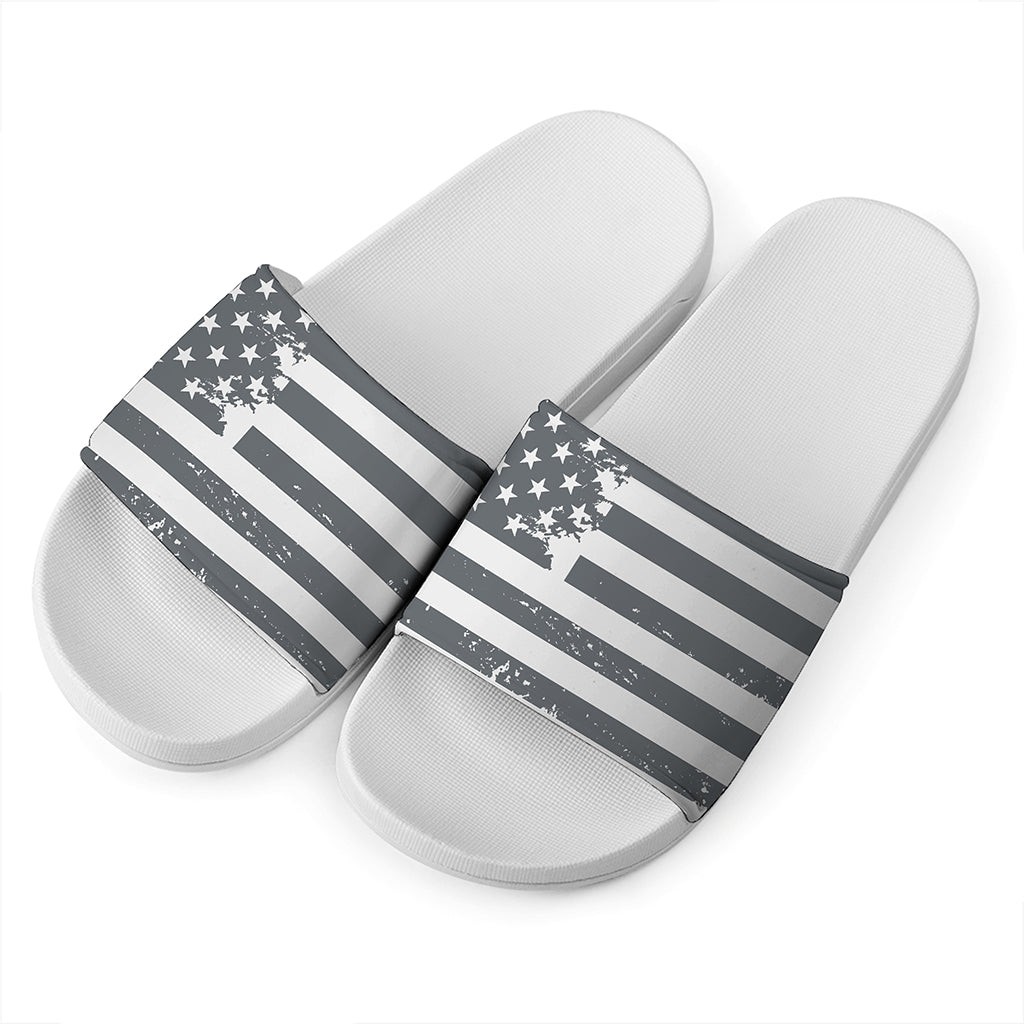 Grey Grunge American Flag Print White Slide Sandals