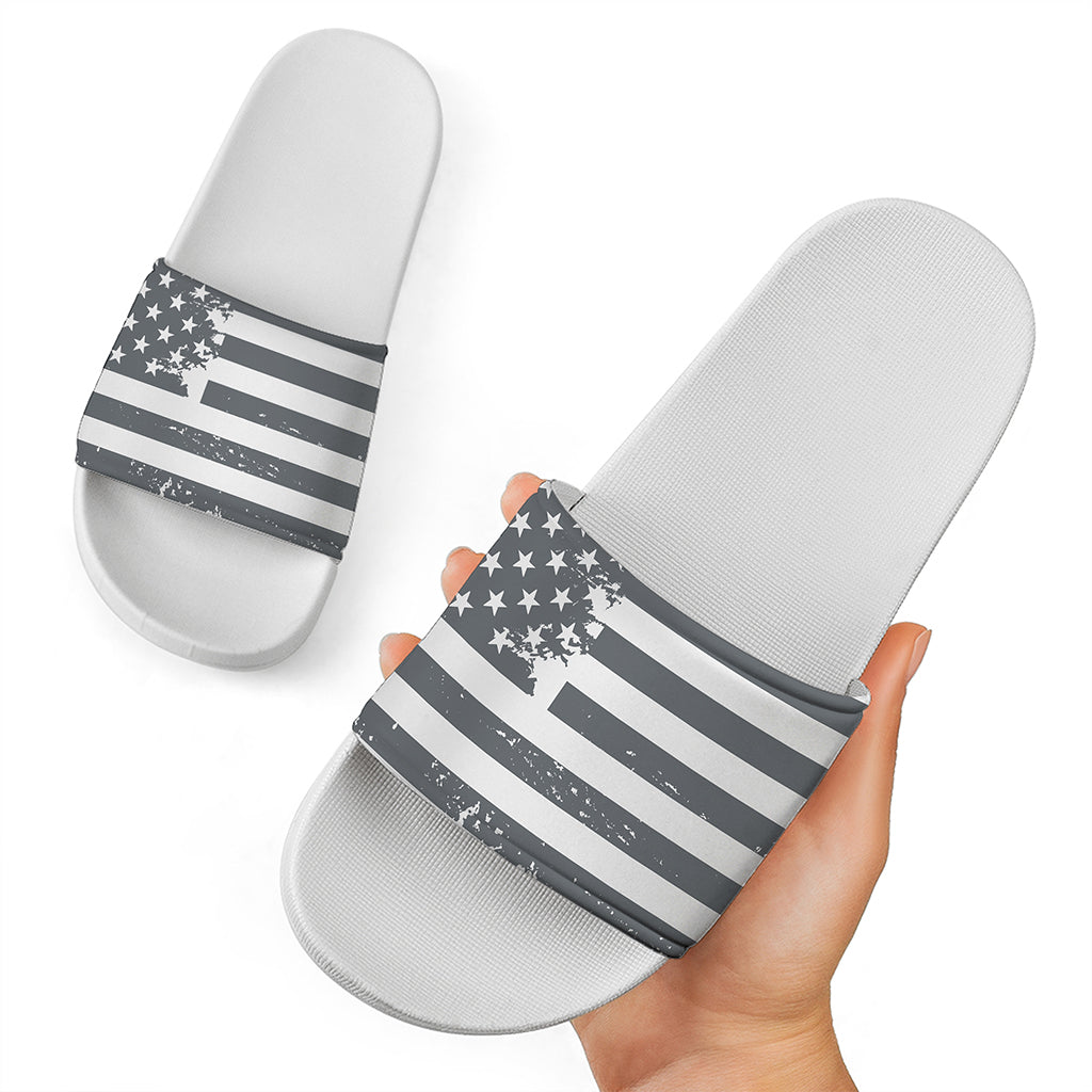 Grey Grunge American Flag Print White Slide Sandals