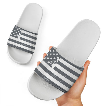 Grey Grunge American Flag Print White Slide Sandals