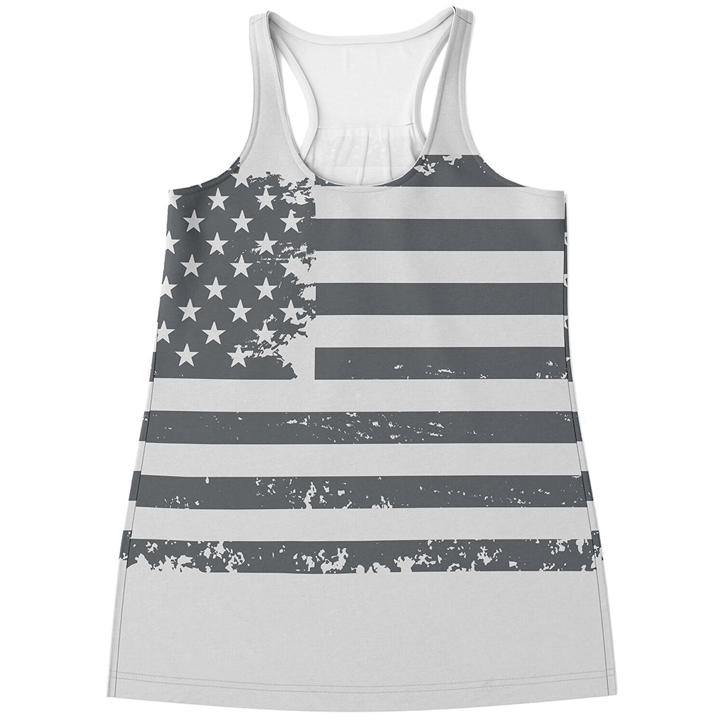 Grey Grunge American Flag Print Women's Racerback Tank Top
