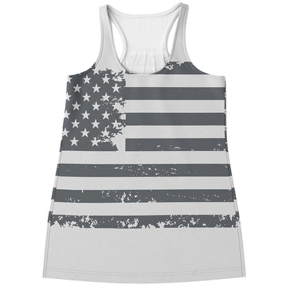 Grey Grunge American Flag Print Women's Racerback Tank Top