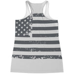 Grey Grunge American Flag Print Women's Racerback Tank Top