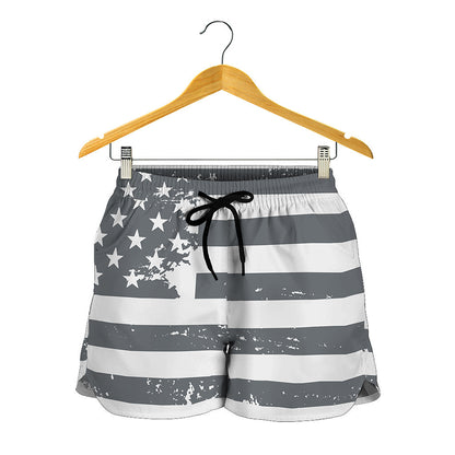 Grey Grunge American Flag Print Women's Shorts