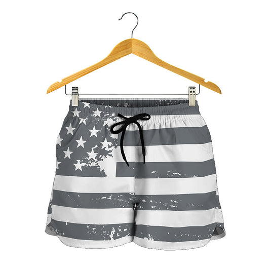 Grey Grunge American Flag Print Women's Shorts