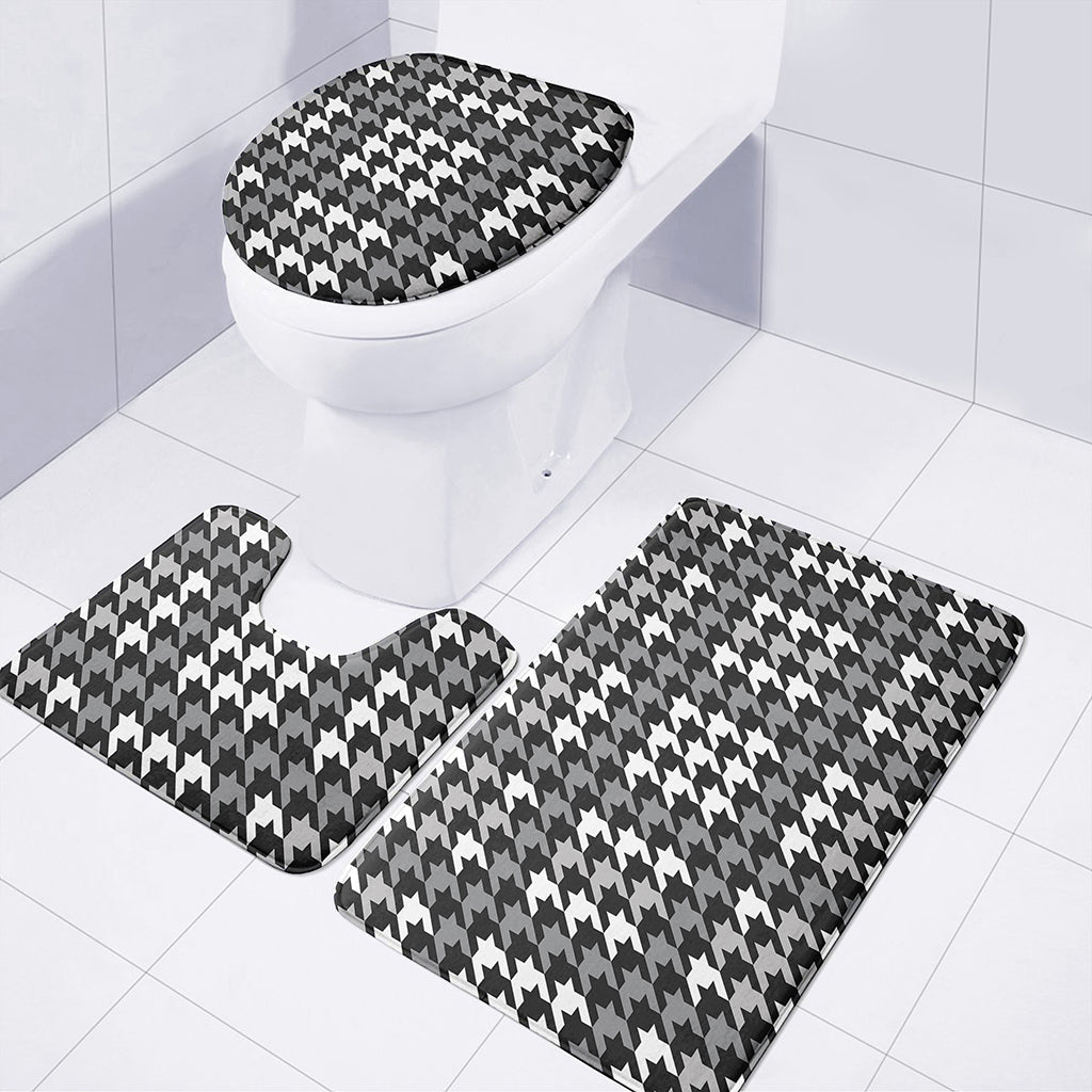 Grey Houndstooth Pattern Print 3 Piece Bath Mat Set