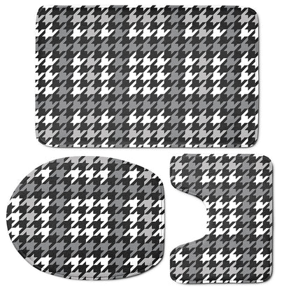 Grey Houndstooth Pattern Print 3 Piece Bath Mat Set