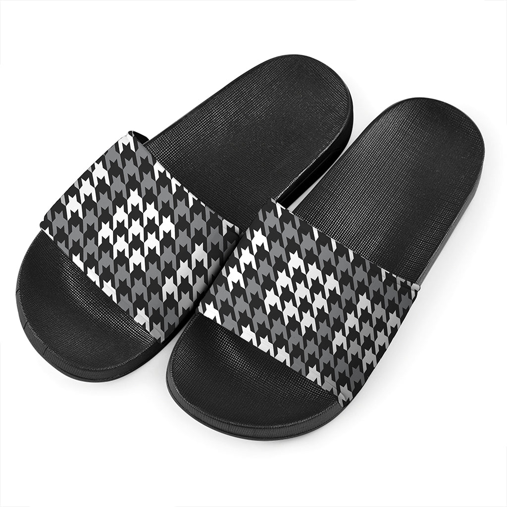 Grey Houndstooth Pattern Print Black Slide Sandals