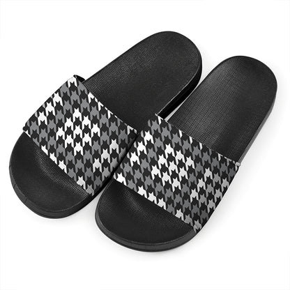 Grey Houndstooth Pattern Print Black Slide Sandals