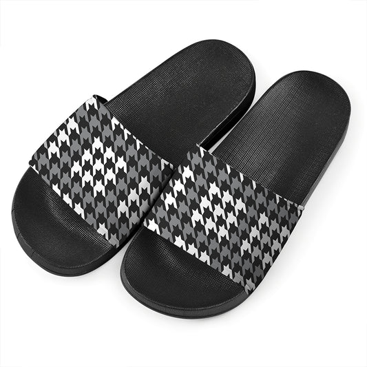 Grey Houndstooth Pattern Print Black Slide Sandals