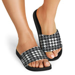 Grey Houndstooth Pattern Print Black Slide Sandals