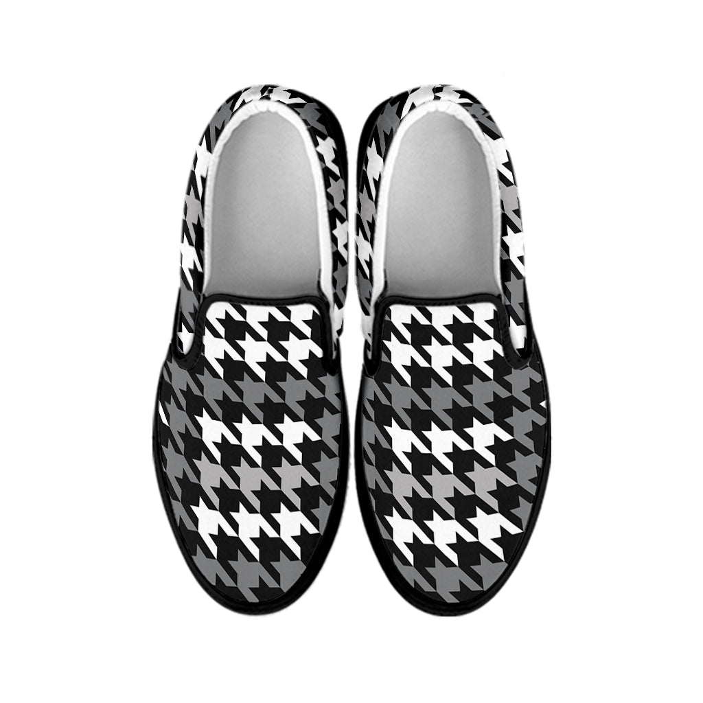 Grey Houndstooth Pattern Print Black Slip On Shoes