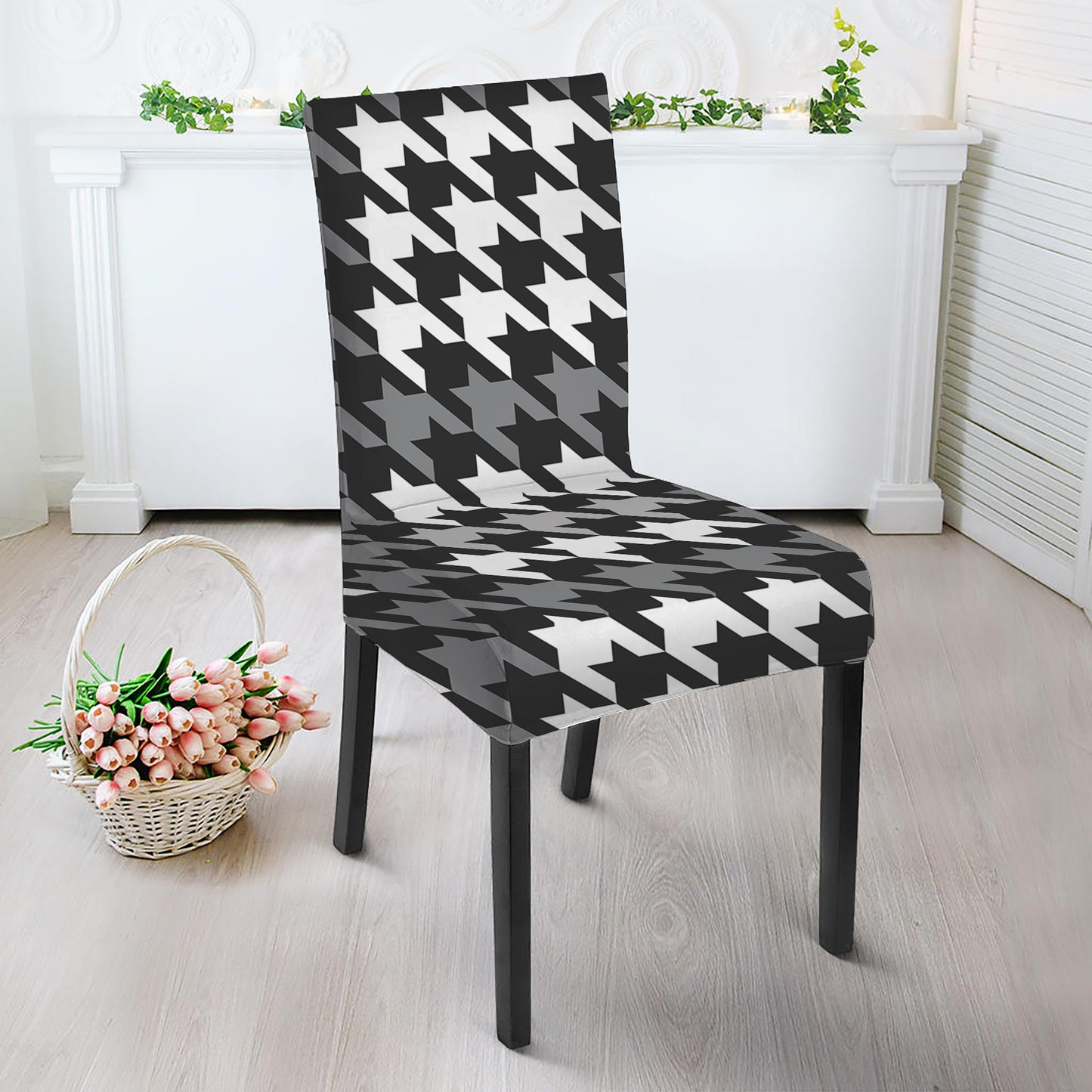 Grey Houndstooth Pattern Print Dining Chair Slipcover