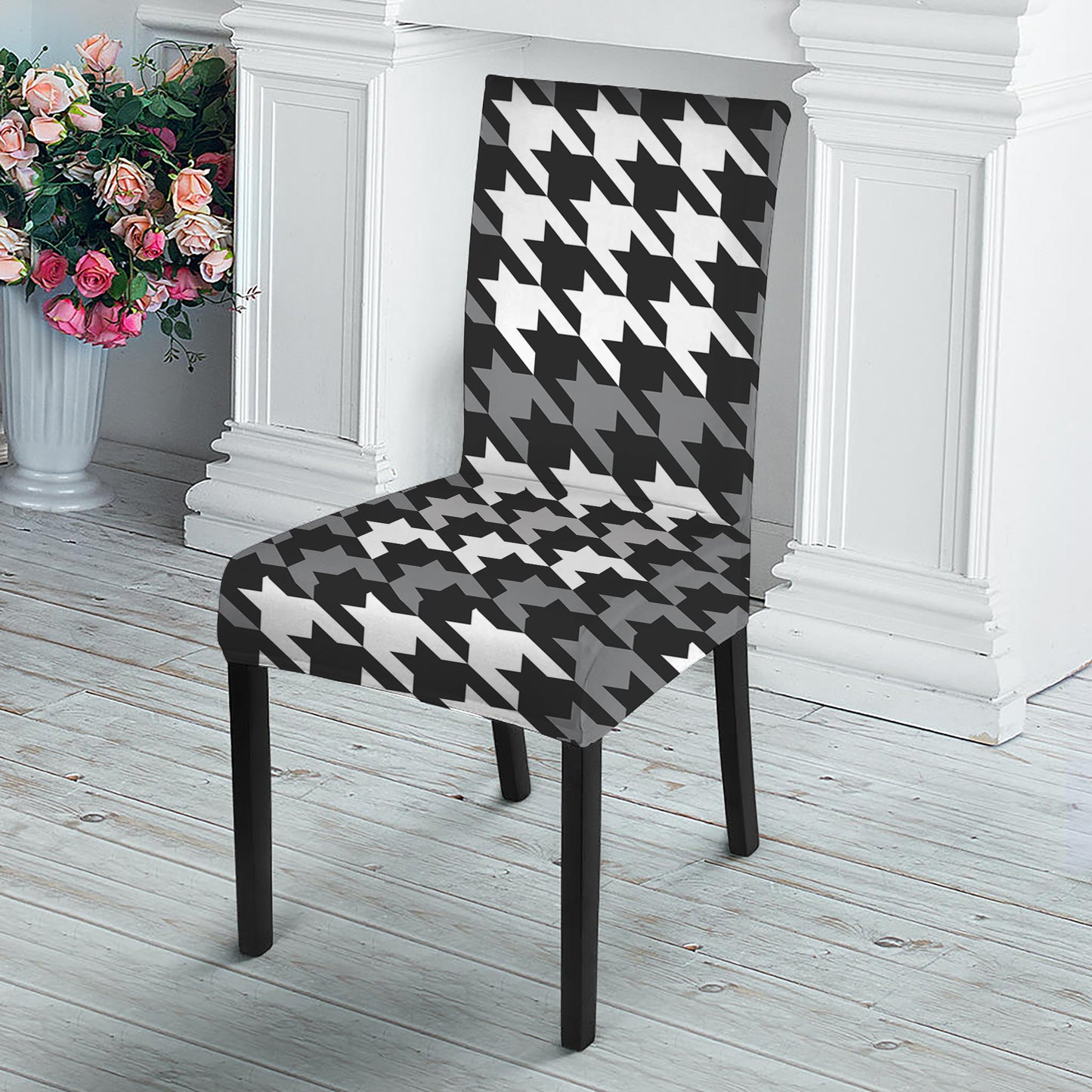 Grey Houndstooth Pattern Print Dining Chair Slipcover
