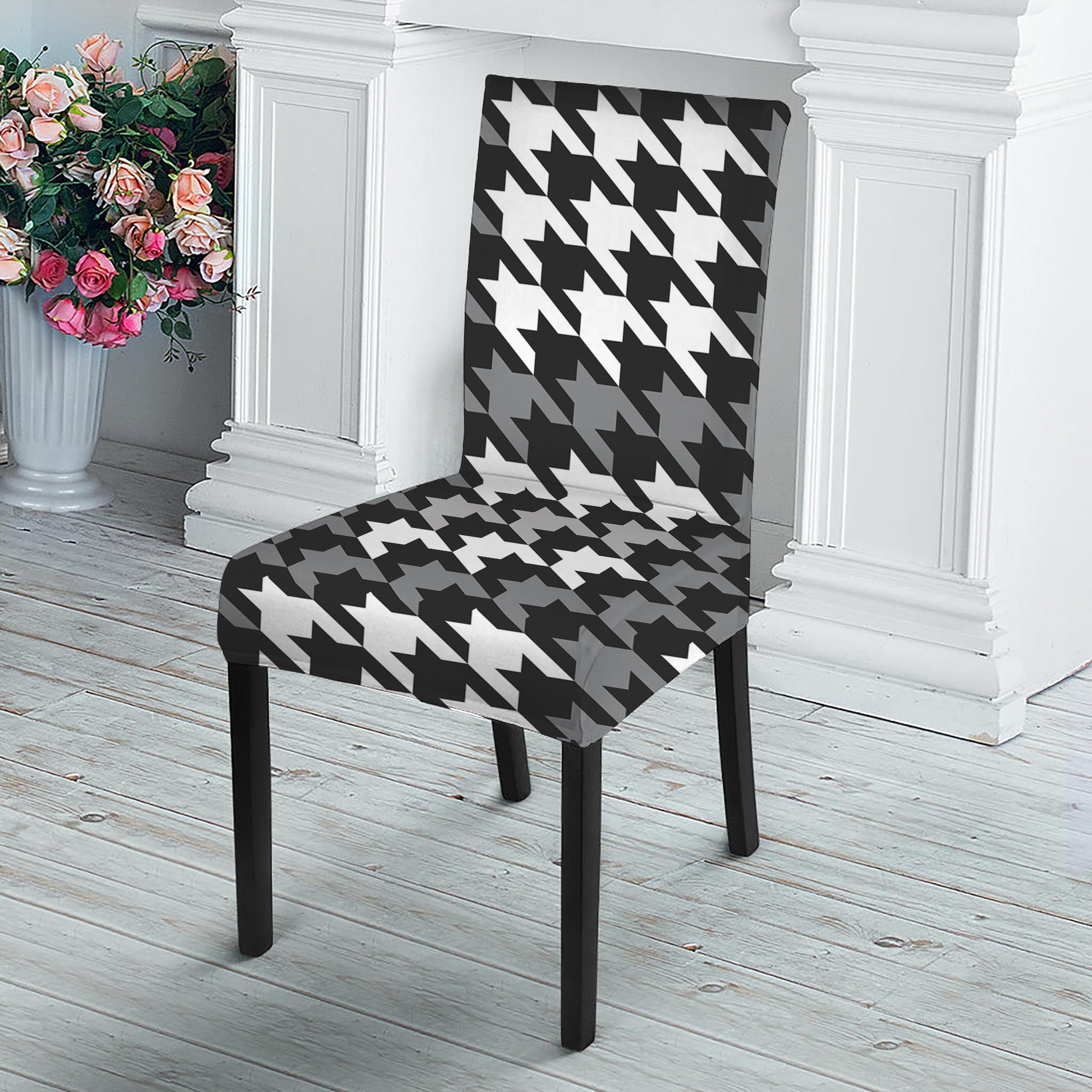 Grey Houndstooth Pattern Print Dining Chair Slipcover