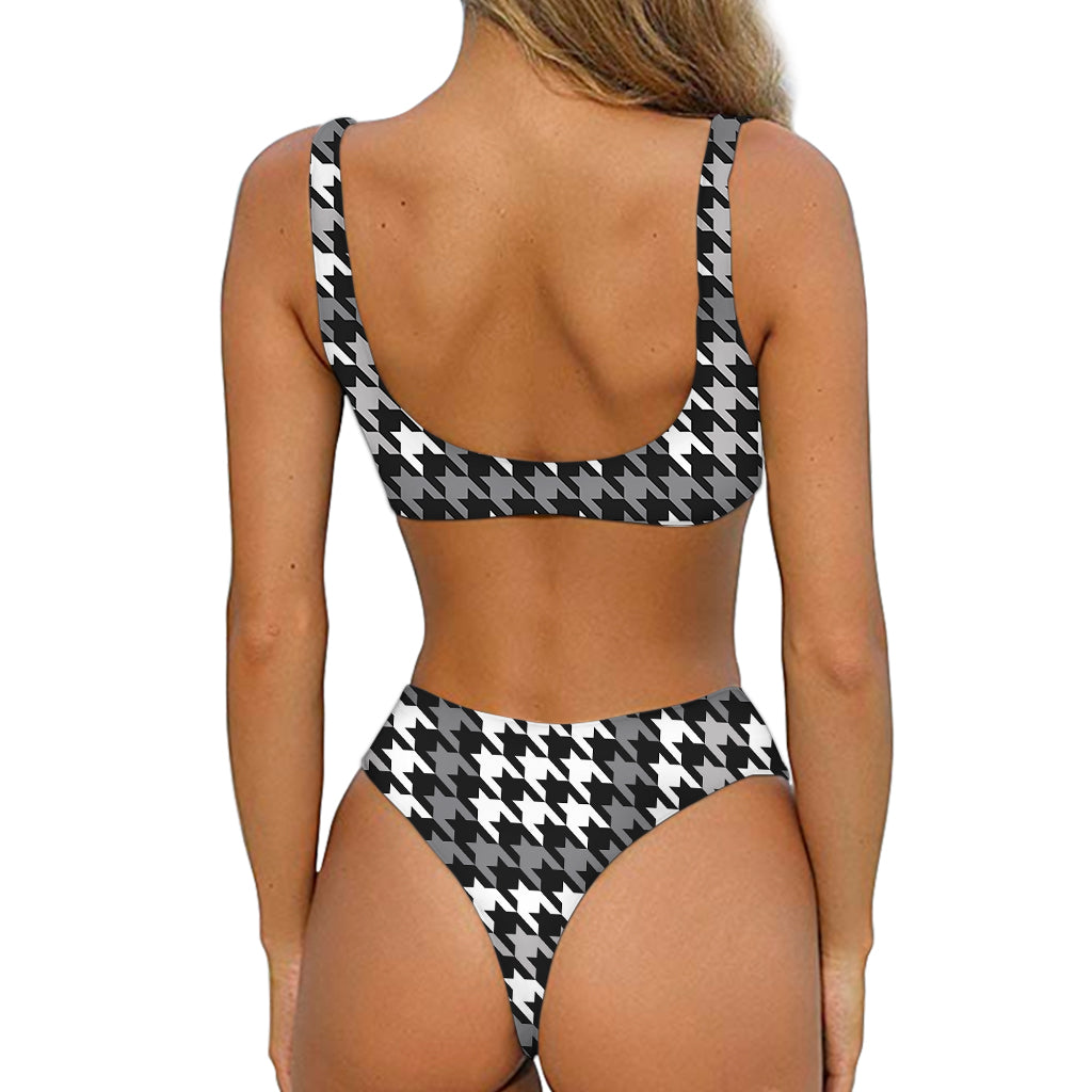 Grey Houndstooth Pattern Print Front Bow Tie Bikini