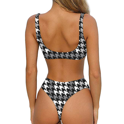 Grey Houndstooth Pattern Print Front Bow Tie Bikini