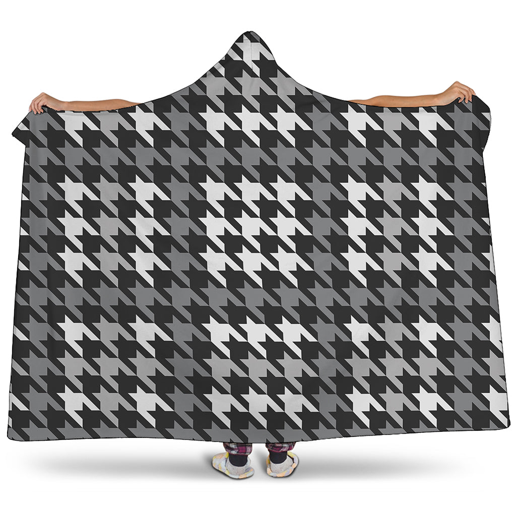 Grey Houndstooth Pattern Print Hooded Blanket