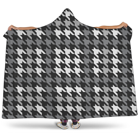 Grey Houndstooth Pattern Print Hooded Blanket