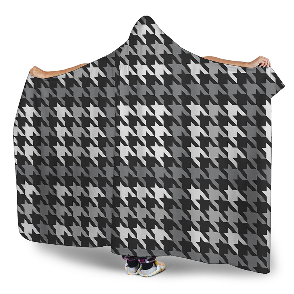 Grey Houndstooth Pattern Print Hooded Blanket