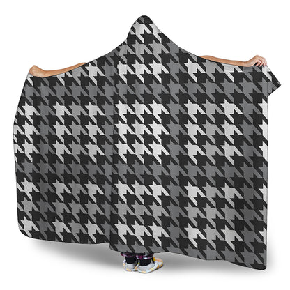 Grey Houndstooth Pattern Print Hooded Blanket